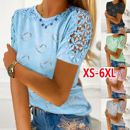 2025 Short-sleeved Lace Heart Print T-shirt Loose Top