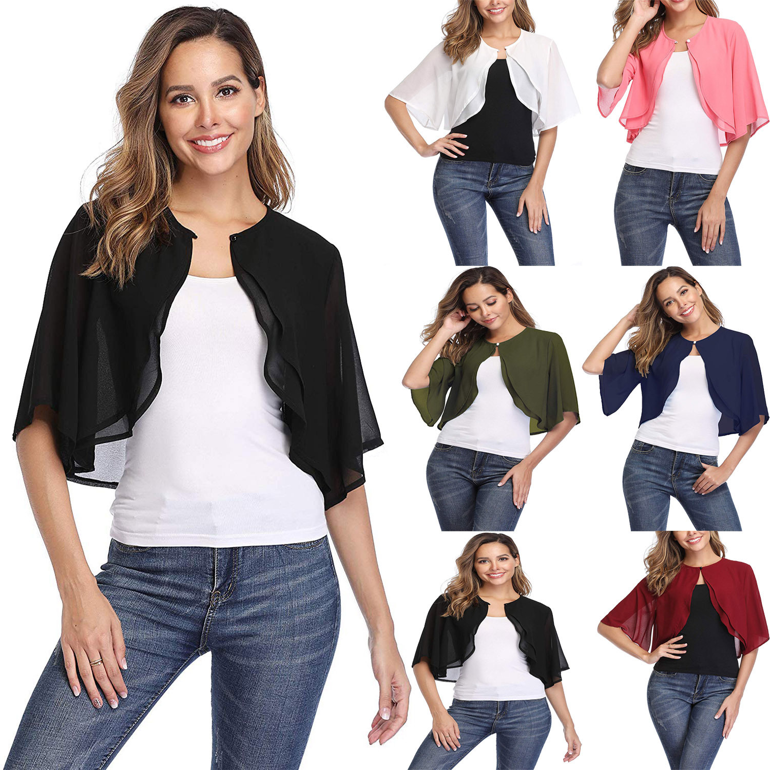 新品欧美亚马逊热款女装七分袖透视开襟雪纺腮红开衫披肩 圣帕里