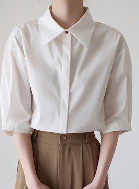 Washed tton White Women's Short-sleeved Lapel Design Niche H