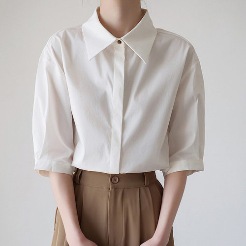 Washed tton White Women's Short-sleeved Lapel Design Niche H