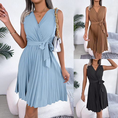 Temperament Crossover V-neck Sleeveless Waist Pleated Women