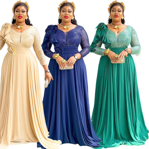 African Women's Plus Size Sequin Long Skirt Chiffon Flower
