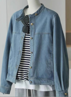 Private~hong Kong Style Retro Blue Denim Jacket Women's Loos