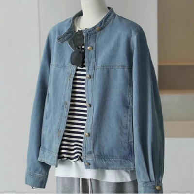 Private~hong Kong Style Retro Blue Denim Jacket Women's Loos