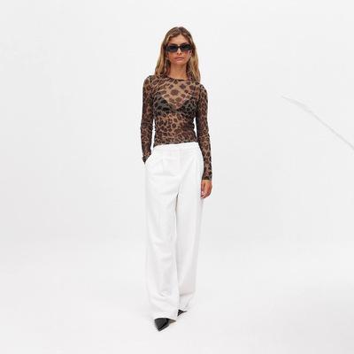 S32279 Women's Sexy Leopard Print Mesh Printed Bodysuit T-sh