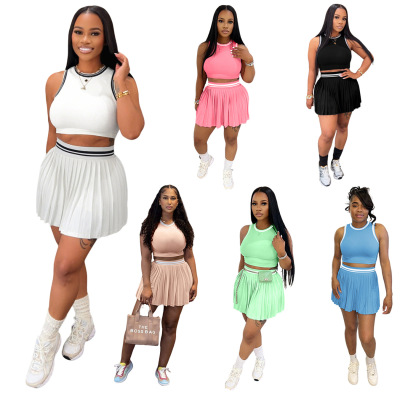 M3089 Women's Sleeveless Short Vest Casual Pleated Set