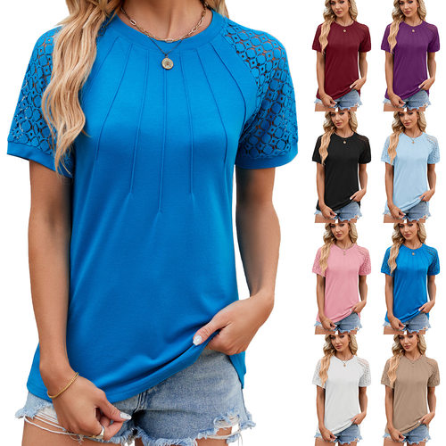 2026 Solid lor Round Edge Stitching Short Sleeve T-shirt Wom