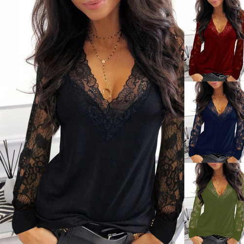 2026 Women's Lace Stitching V-neck Perspective T-shirt
