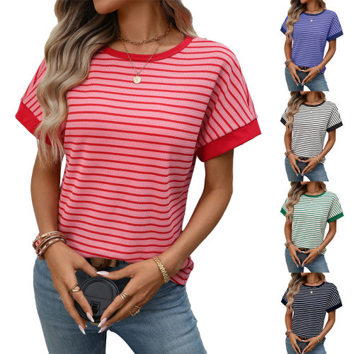 2026 Ladies Casual Round Neck Stitching Short Sleeve T-shirt