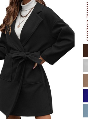 2026 Station Simple Lapel Button Slit Belt Jacket Women