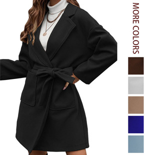 2026 Station Simple Lapel Button Slit Belt Jacket Women