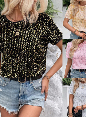 mmuting Loose Style Short-sleeved Round Neck Women's Sequine