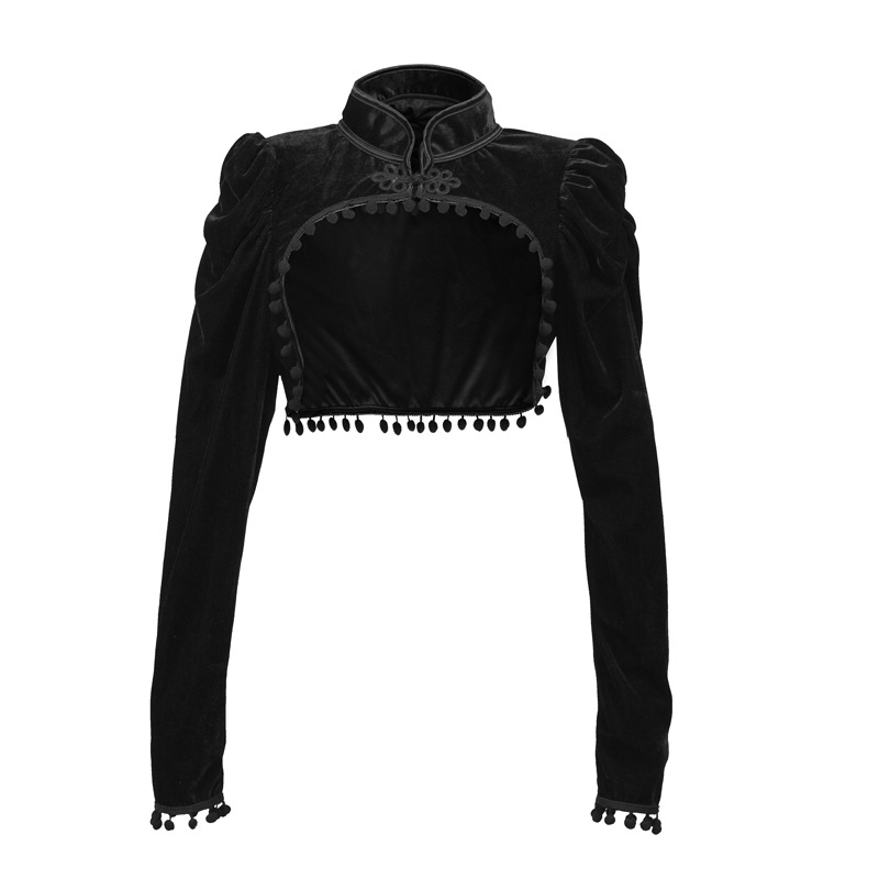 Black tassel stand up collar top for slimming, exposed navel