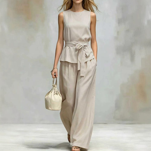 2026 Women Sleeveless Set Casual Belt Trousers Two-piece Set