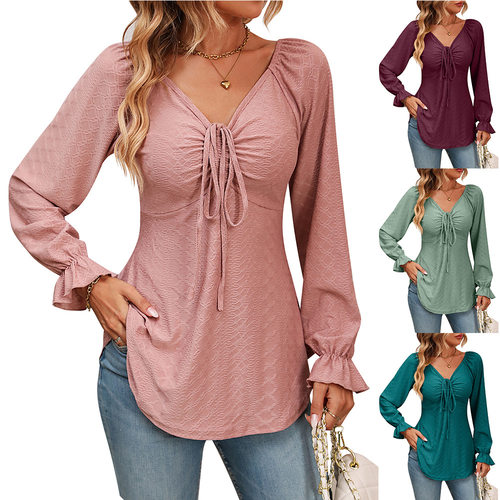 2026 Women's V-neck Drawstring Belted Sexy Solid lor Tee