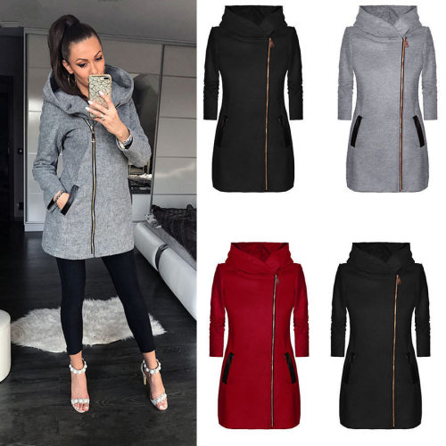 Hot Women's Side Zipper Fleece at Mid-length Hooded Jacket