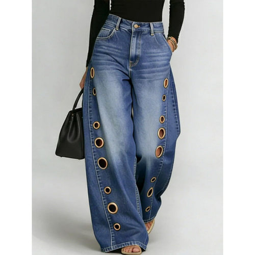 Women's Metal Eyes Design Casual Loose High Waist Wide Legs