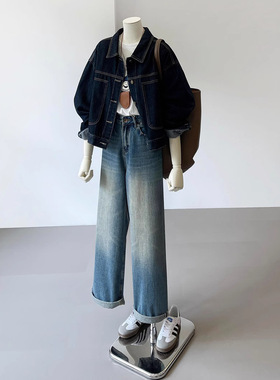Dark Blue Short Denim Jacket For Women, Workwear Style, Kore