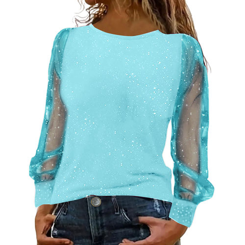 Loose Round Neck Casual Large Size T-shirt Sequin Mesh Women