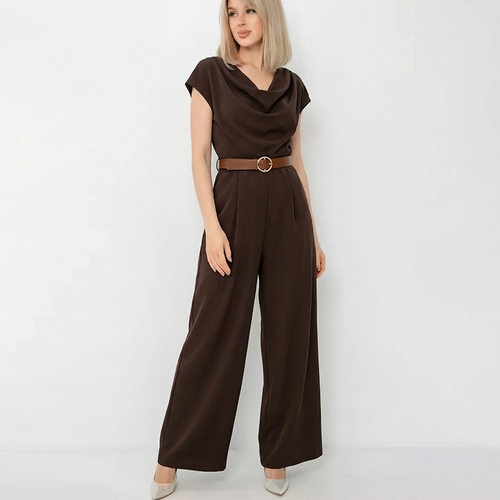 Rui Chu  Elegant Style Satin Pile Neck Wide Leg Jumpsuit For