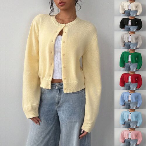 2026 Round Neck Thread Button Women's Cardigan Jacket Soft W