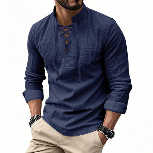 Men's Solid lor Linen Henry Hippie Casual Beach llar