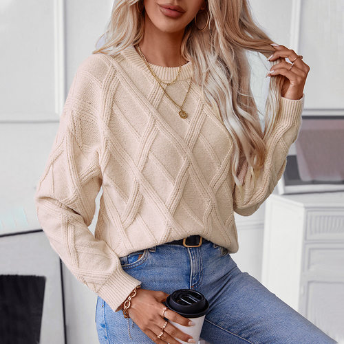 Women's Loose Crewneck Knit Women's 2026 Diamond Pullover