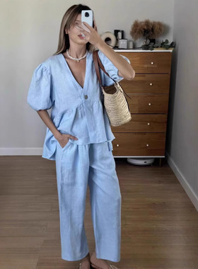 2025 French Sweet Ambiance Solid lor V-neck Bubble Short Sle