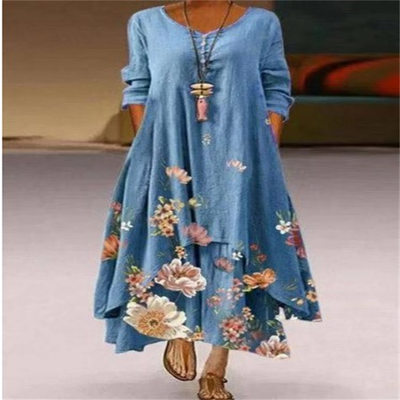 Popular Printed Long-sleeved Dress Women's Irregular Long Sk