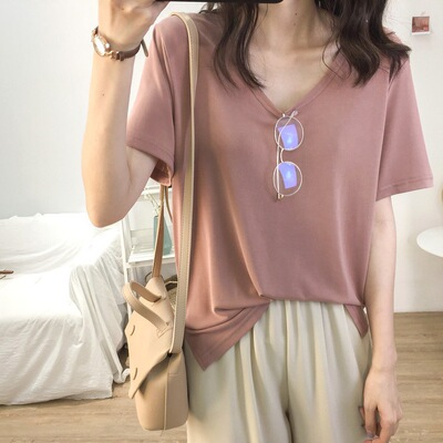 2026 Loose Short-sleeved Women's T-shirt Moisture V-neck Stu
