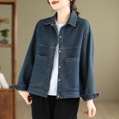 Hong Kong Style Dark Blue Lapel Short Denim Jacket Women's R