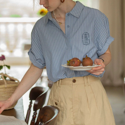 Dailyart French Blue Shirt Women's Retro Embroidery Casual V