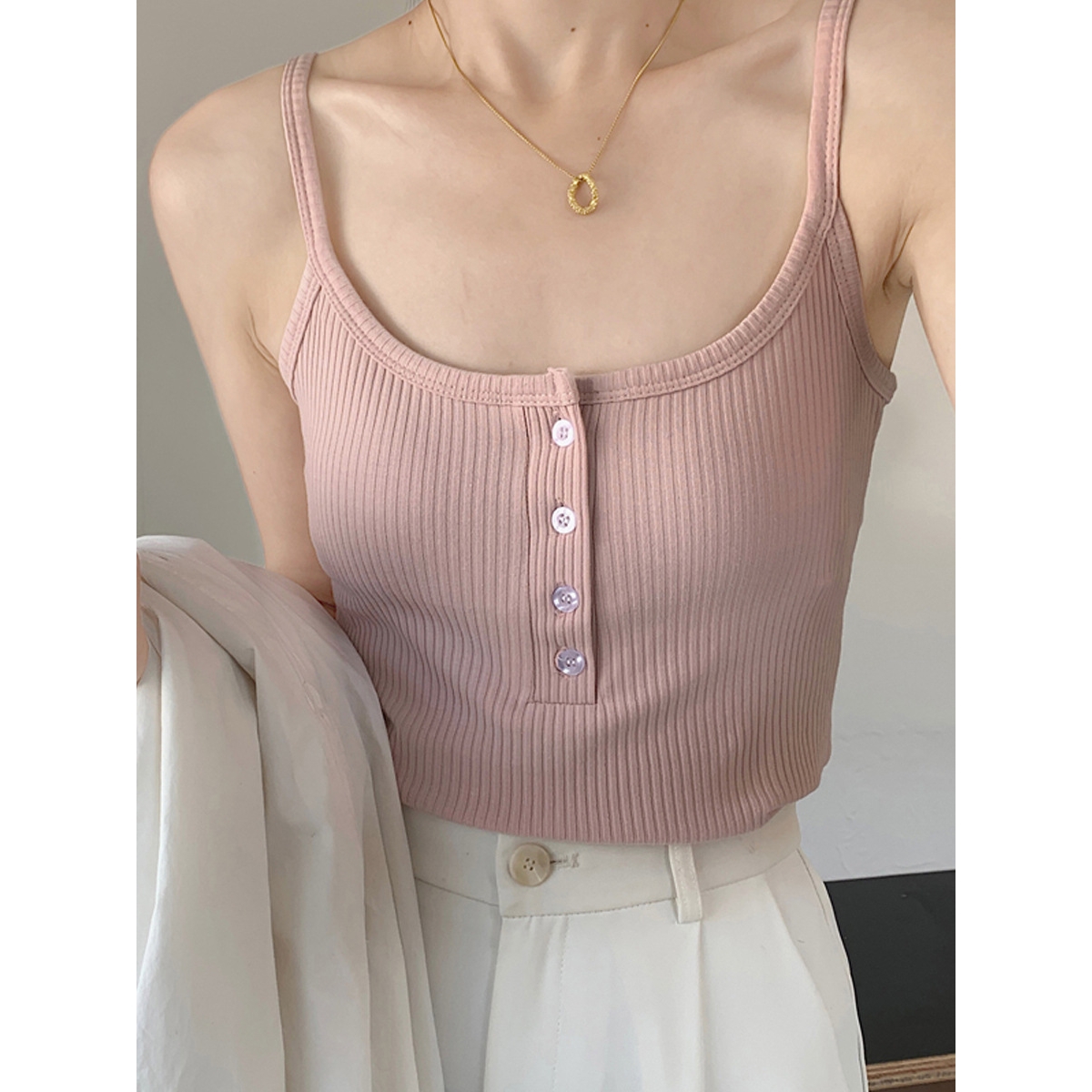 260g优质全棉吊带背心女夏纽扣2025新款打底内搭U领纯欲露背上衣