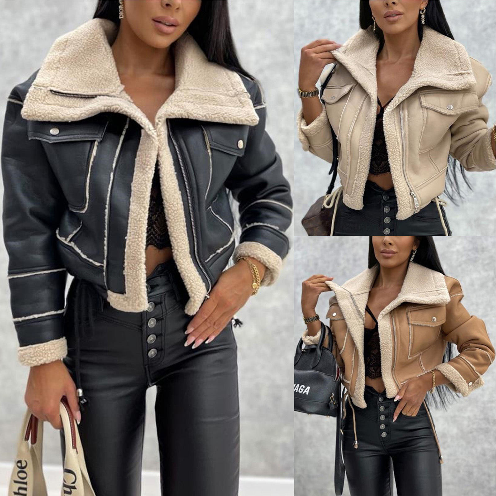 Lamb's wool short jacket zipper motorcycle style