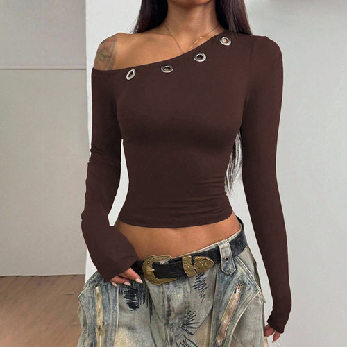 Wind 2026 Inclined llar Shoulder Solid lor Navel Pullover T-