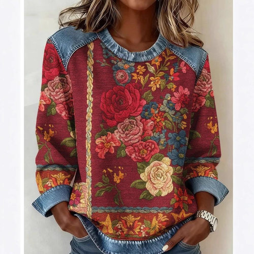 Station Fashion Ethnic Style Vintage Printed Round Neck Ladi