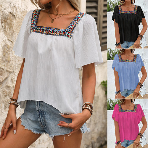 Vacation Lace Embroidery Square Neck Pullover Ruffle Short S