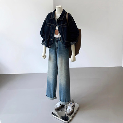 Dark Blue Short Denim Jacket For Women, Workwear Style, Kore