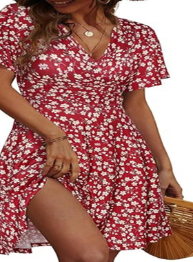 2026 Station Flower Short Sleeve Wrapped V llar A Line Midi
