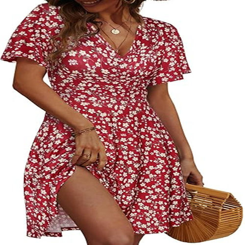 2026 Station Flower Short Sleeve Wrapped V llar A Line Midi