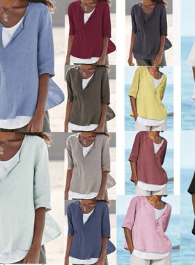 2025 V-neck solid color cotton-linen large-size mid-sleeved