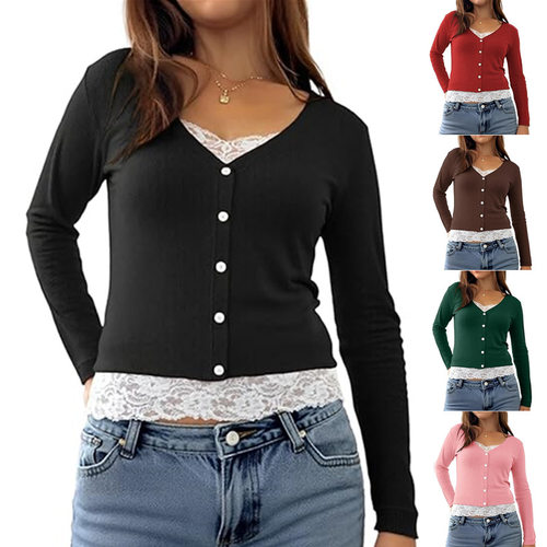 2026 Fashion Versatile V-neck Button Thread Lace Stitching F