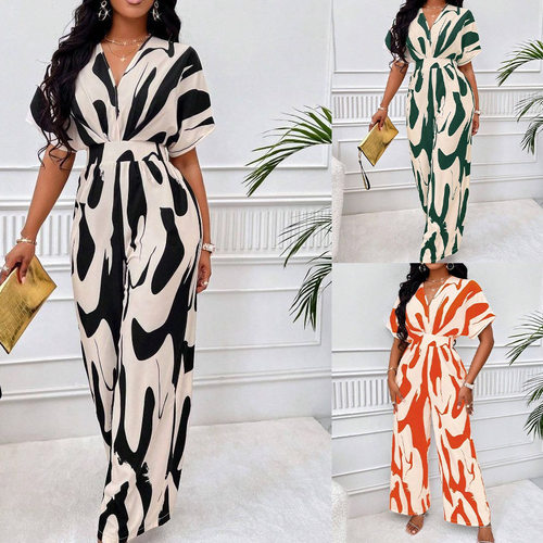 Standing Women's Full Body Printed Bat Sleeve Wide Leg Jumps