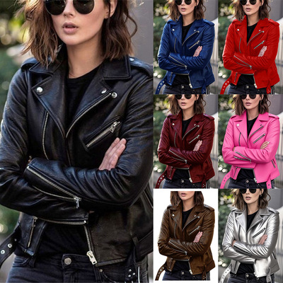 Short Women's Jacket Motorcycle Jacket Slim Fit Jacket Pu Le