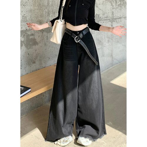 American Retro Raw Edge Wide-leg Pants For Fat Girls, High-w
