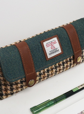 harris tweed粗花呢大容量高颜值笔袋复古手工翻盖式文具盒收纳包