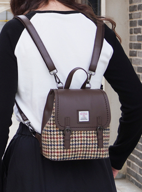 Harris tweed格纹羊毛呢双肩包哈里斯粗花呢背包简约手提复古书包