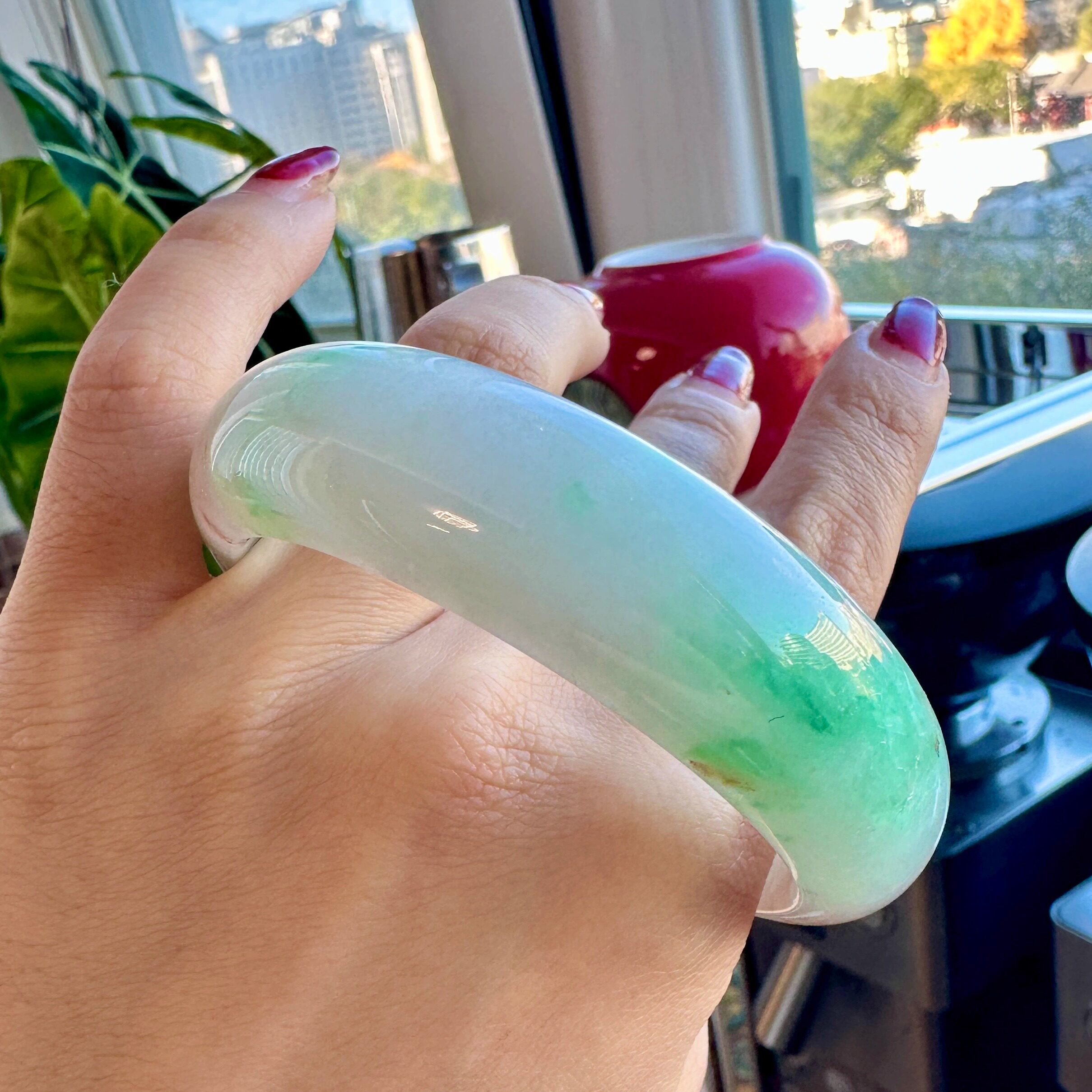 【璞谷翡翠】天然正品56.5冰种阳绿花宽条缅甸玉翡翠手镯a货5024