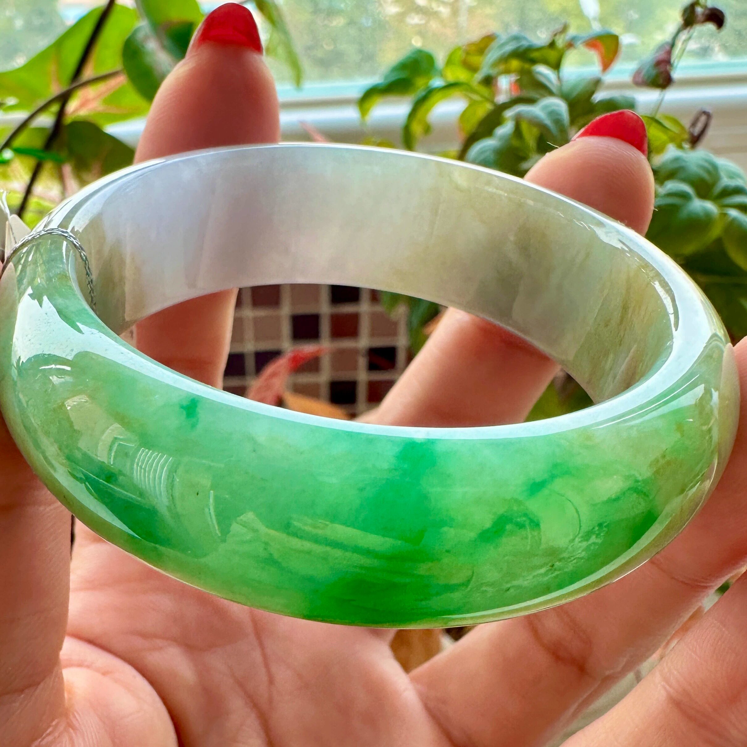 【璞谷翡翠】天然正品52.5冰种阳绿花宽条缅甸玉翡翠手镯a货5357