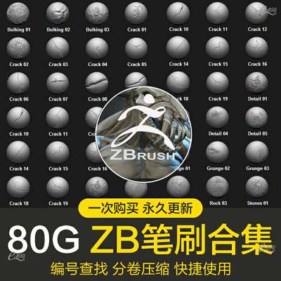 Zbrush笔刷合集zb材质素材服饰布料皱褶木纹金属岩石地面皮肤笔刷